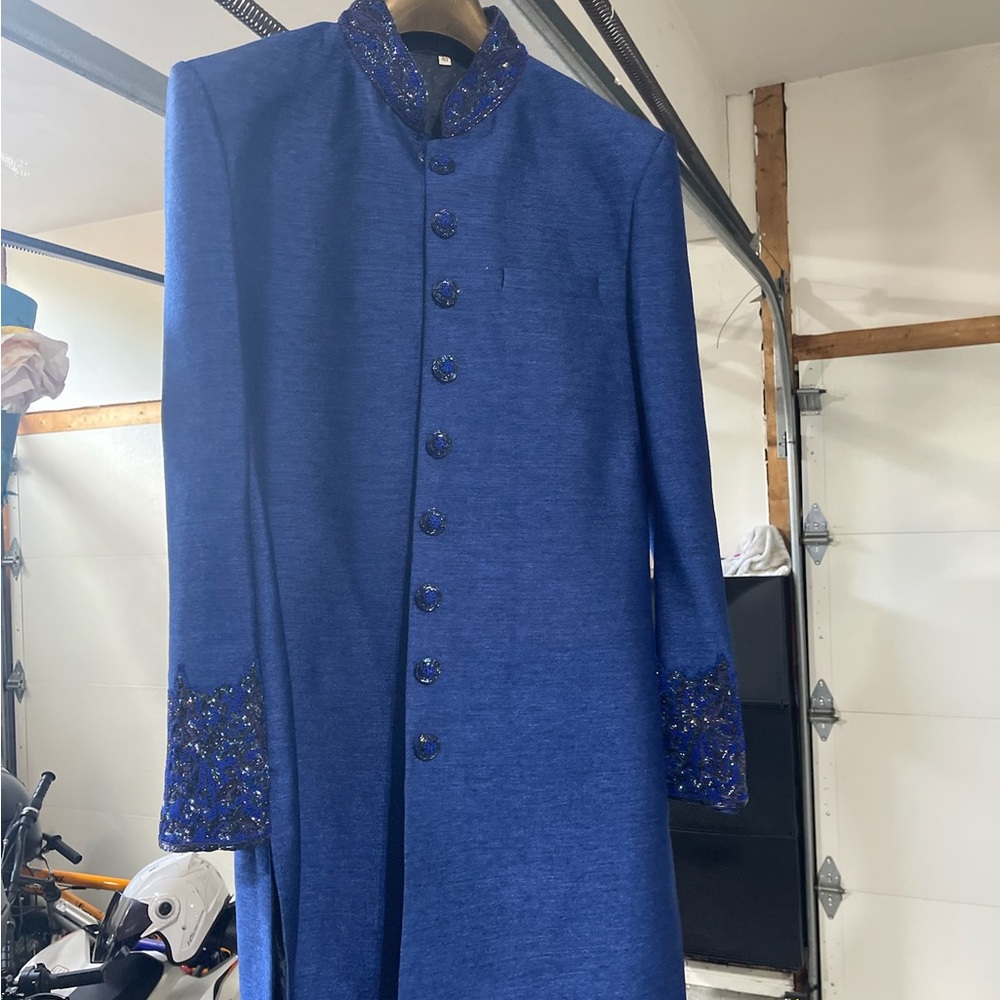 Royal Blue Bandhgala Sherwani Jacket with Embellished Collar & Cuffs